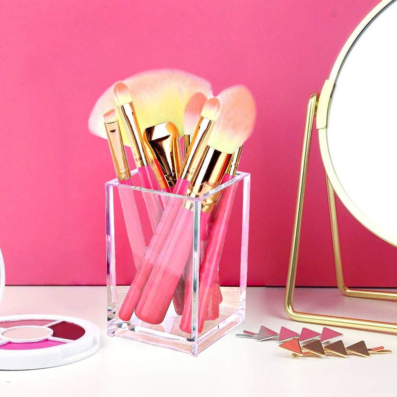 Cerpourt 2 Pack Clear Acrylic Pencil Pen Holder Cup Desk Accessories Holder Makeup Brush Storage Organizer Modern Design Desktop Stationery Organizer for Office School Home Supplies 2.6x 2.6x 4 inches - Image 2